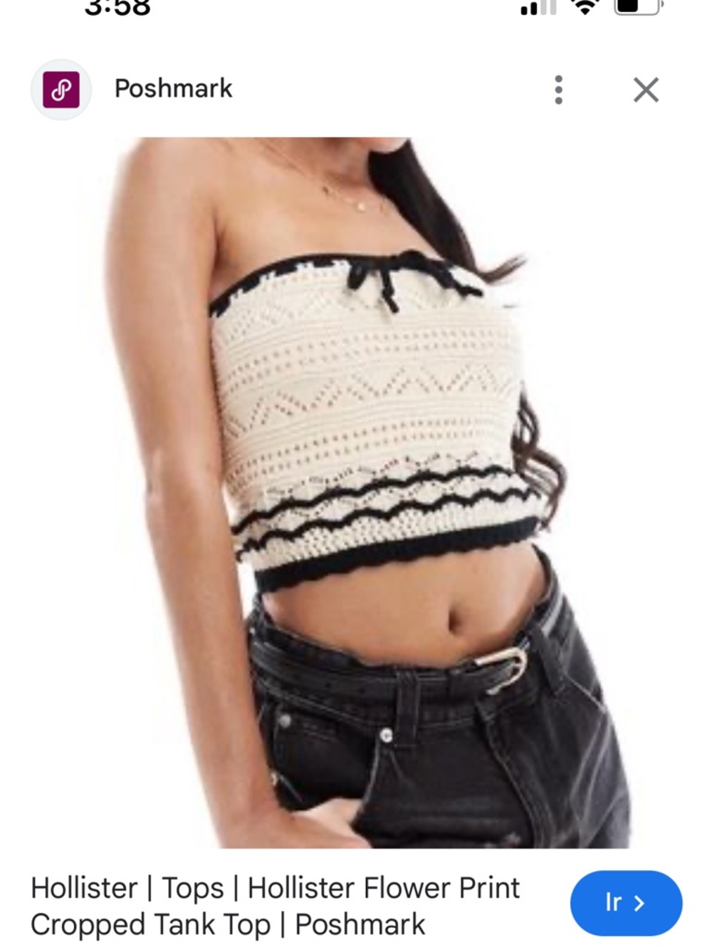 Hollister Cream Crochet Strapless Crop Top with Black Trim and Bow